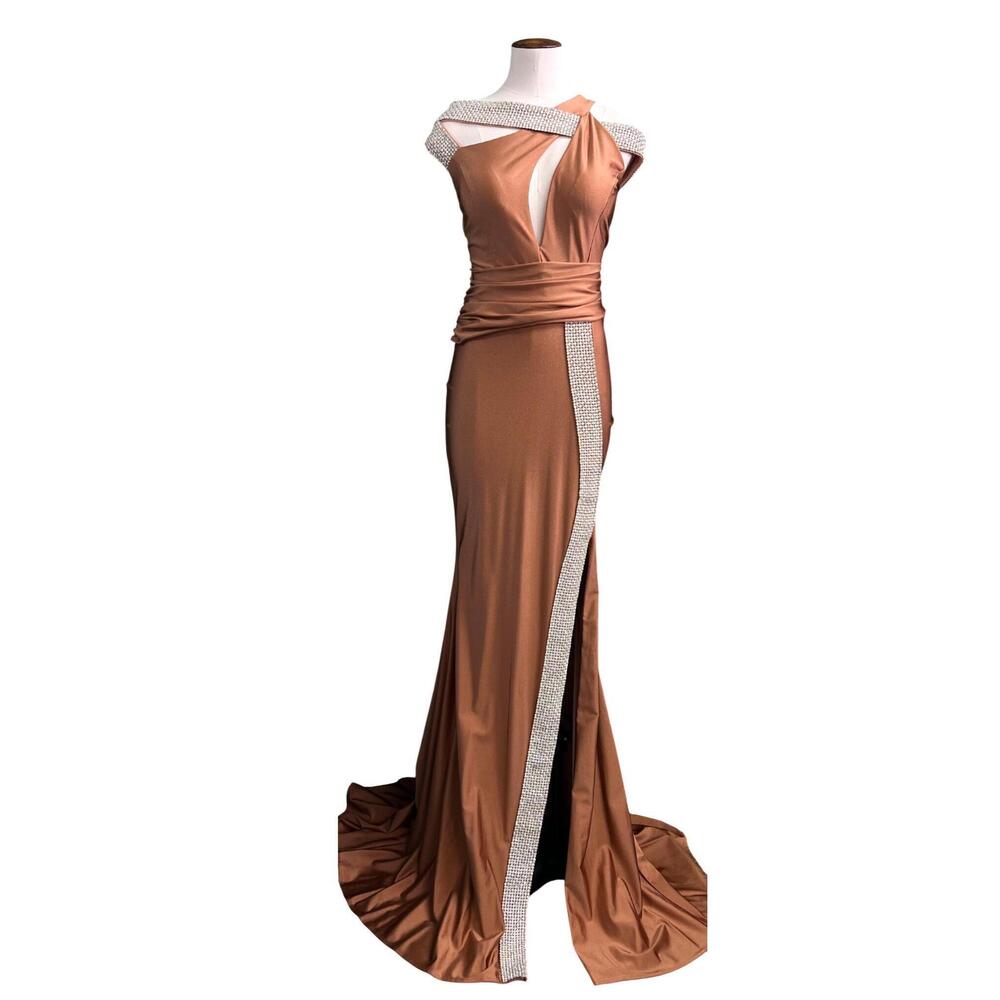 NEW JESSICA ANGEL rhinestone embellished jersey prom dress in toasted nut